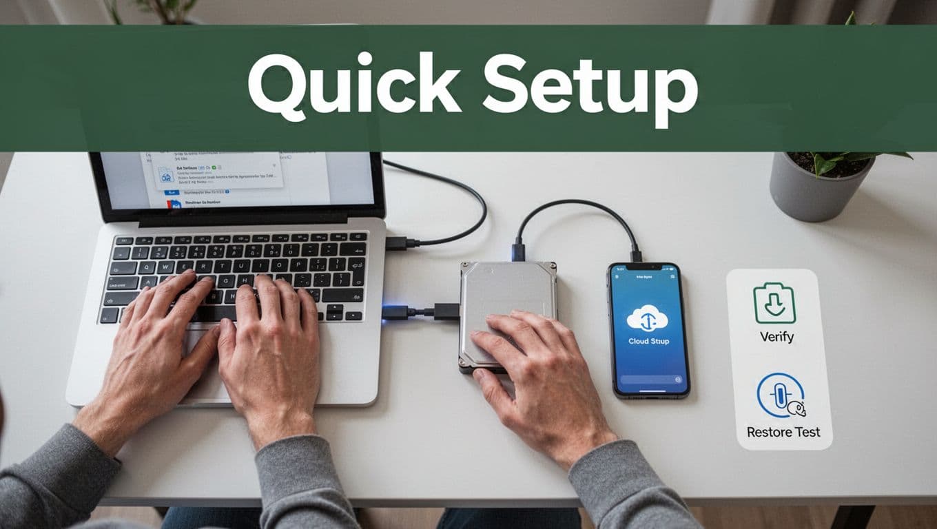 Bold editorial illustration of quick 3-2-1 backup setup on a clean desk, showing hands copying files from laptop to external hard drive via USB, smartphone with cloud upload icon, and verify/restore icons.