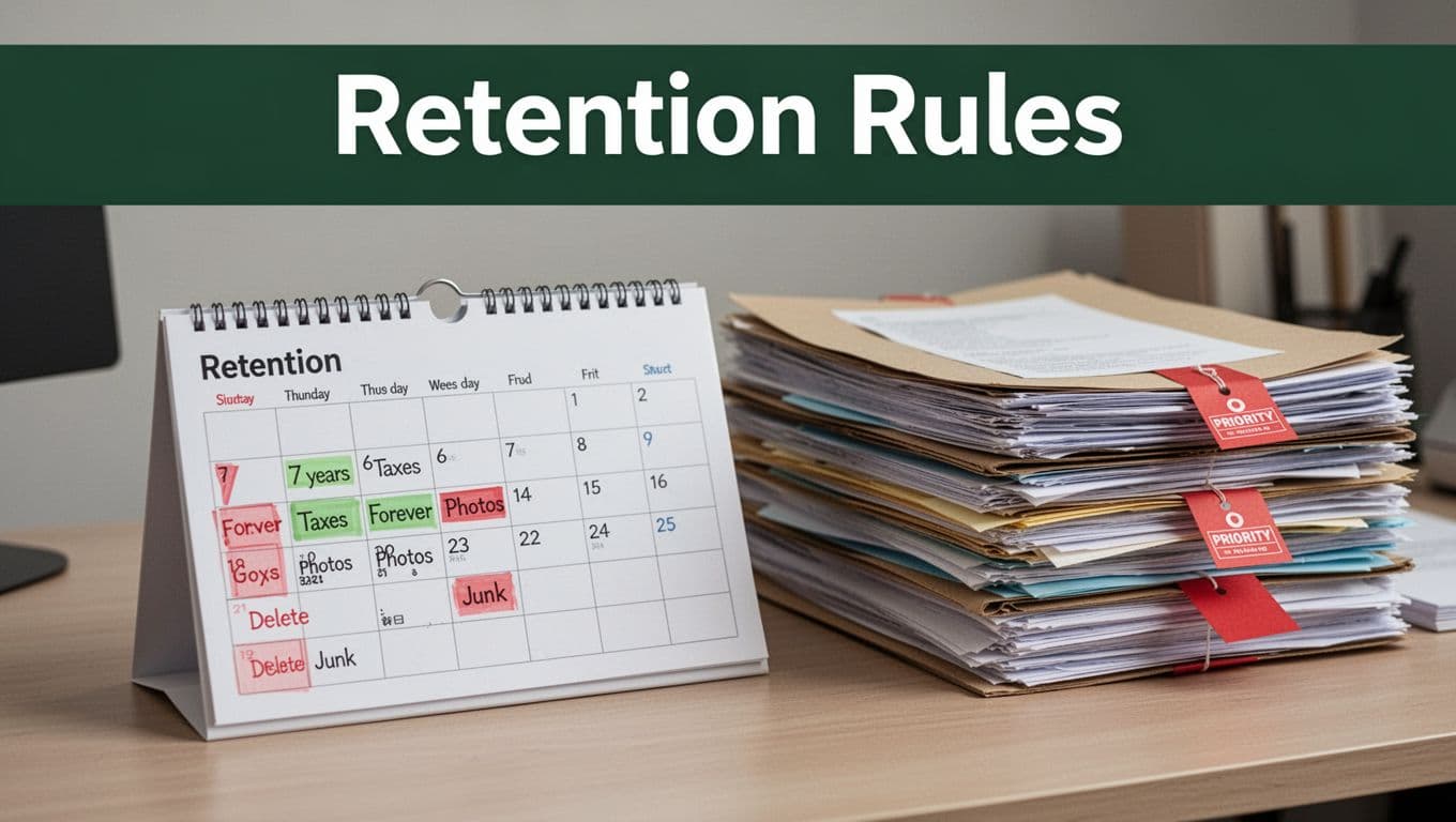 Photorealistic calendar page marking retention periods like 7 years for taxes, forever for photos, and delete for junk, beside a stack of files with red priority tags on a simple desk, under a bold dark-green headline band.