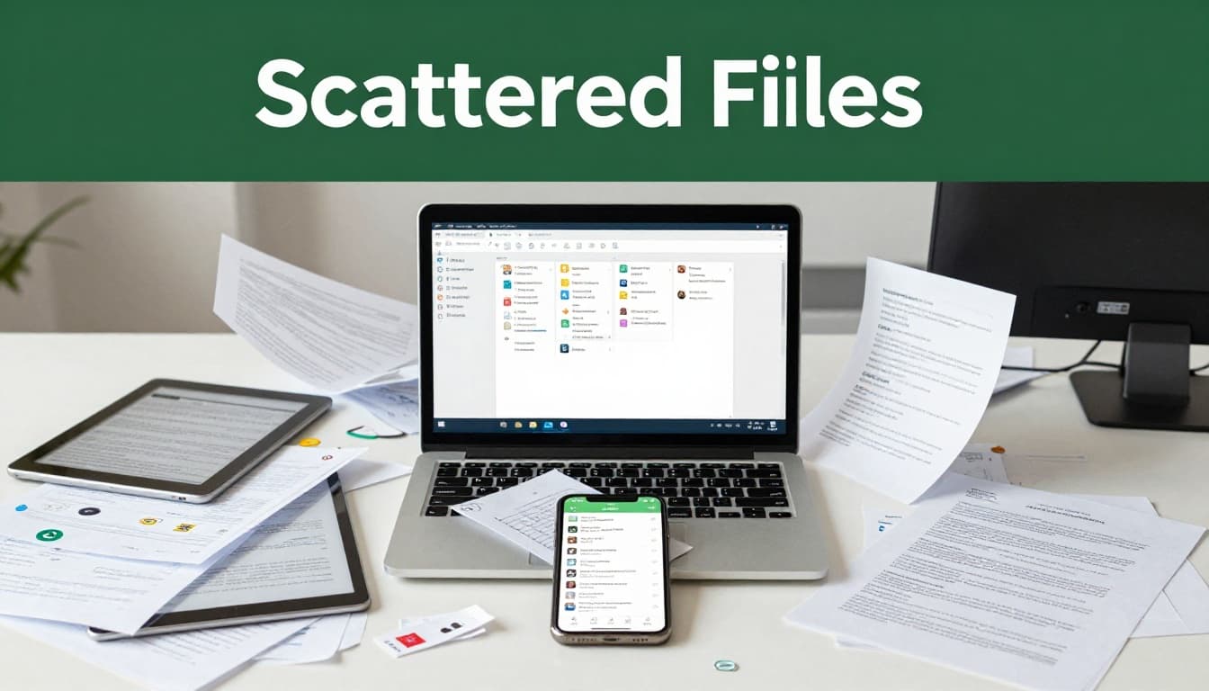 Cluttered modern office desk with laptop, smartphone, and tablet displaying scattered folders, duplicate files, and chaotic icons floating around devices in photorealistic style under bright daylight.