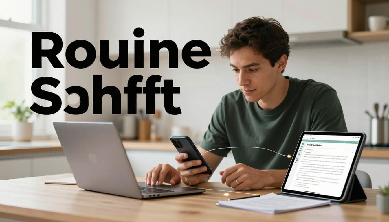 A focused professional in a bright modern kitchen manages morning routine with laptop, smartphone, and tablet displaying the same synced file, connected by subtle light trails.