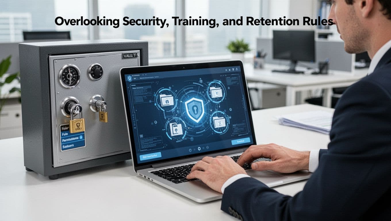 Office worker checks permissions on laptop screen showing secure digital vault with role-based locks on file folders, clean professional office background, realistic style.