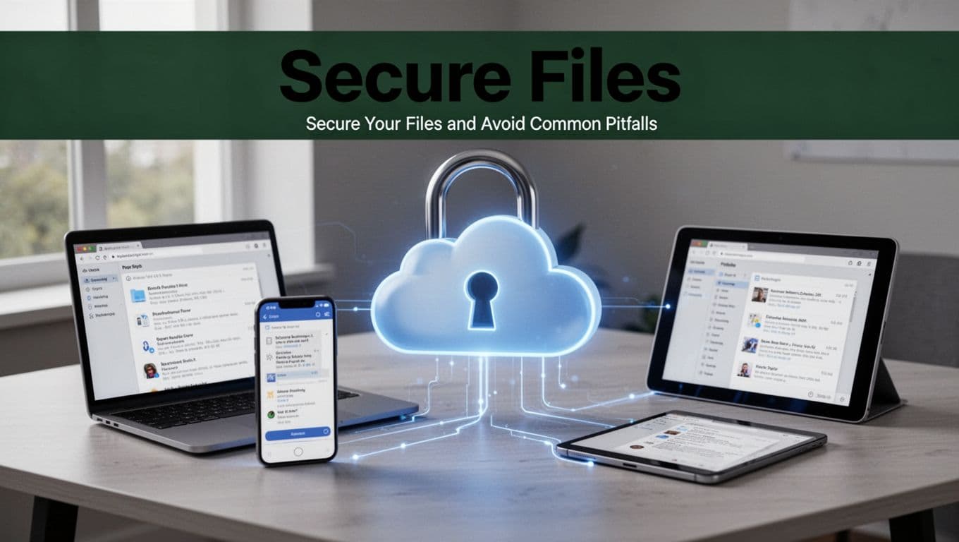 A large glowing padlock encloses a cloud icon, securing files on a laptop, phone, and tablet arranged in a triangular modern desk setup with soft natural light and connecting blue lines.