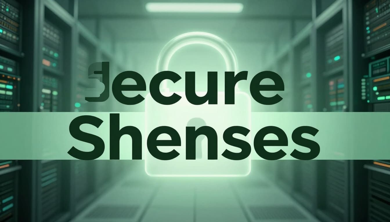 Bold headline 'Secure Shares' on a muted dark-green band atop an image of a large glowing padlock securing a stack of digital files in a modern cloud server room with soft volumetric lighting.