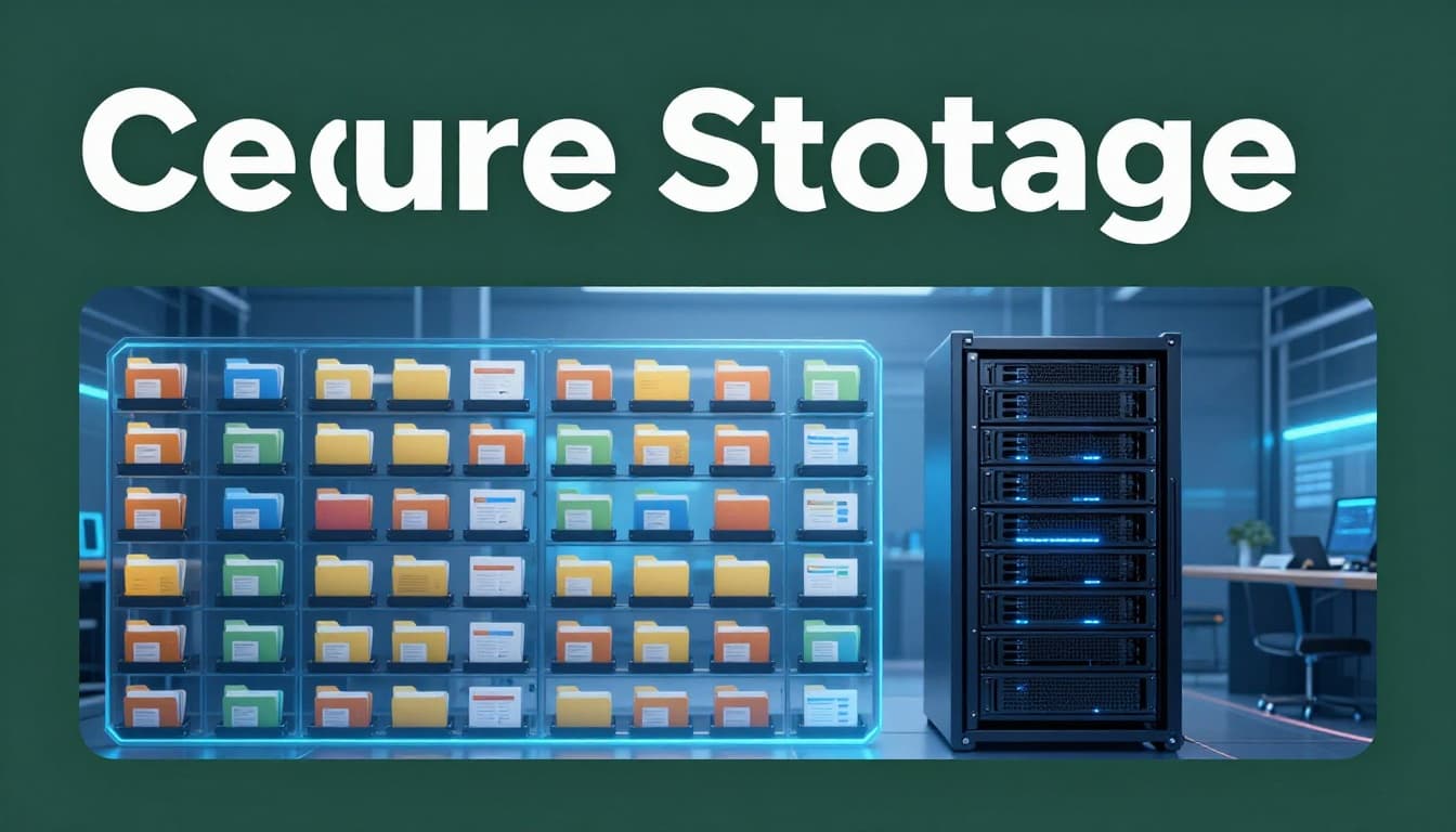 Modern server room screen displaying a neat grid of colorful file folders and documents in a glowing cloud storage interface, topped with a dark green banner and bold white 'Secure Storage' headline.