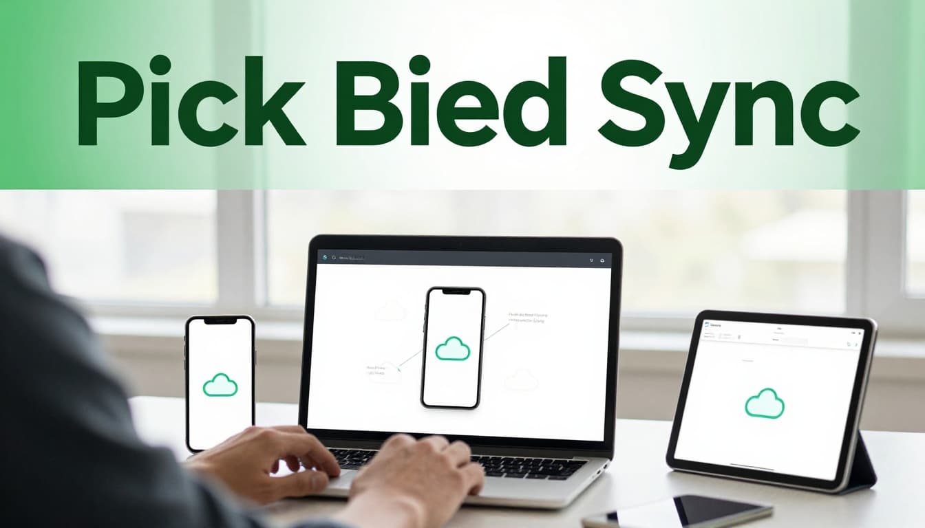 Focused user selecting a cloud service on a laptop, with a phone and tablet showing synced files.