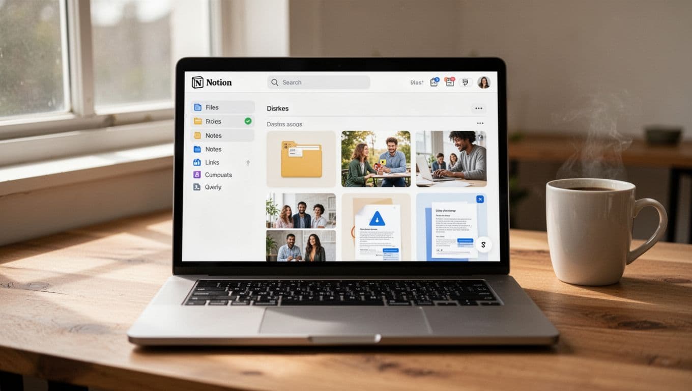 Clean laptop screen displaying a Notion workspace dashboard with toggle sections for Files, Notes, Links, and a database gallery of photos and documents, set on a wooden desk with a coffee mug nearby under natural window light.