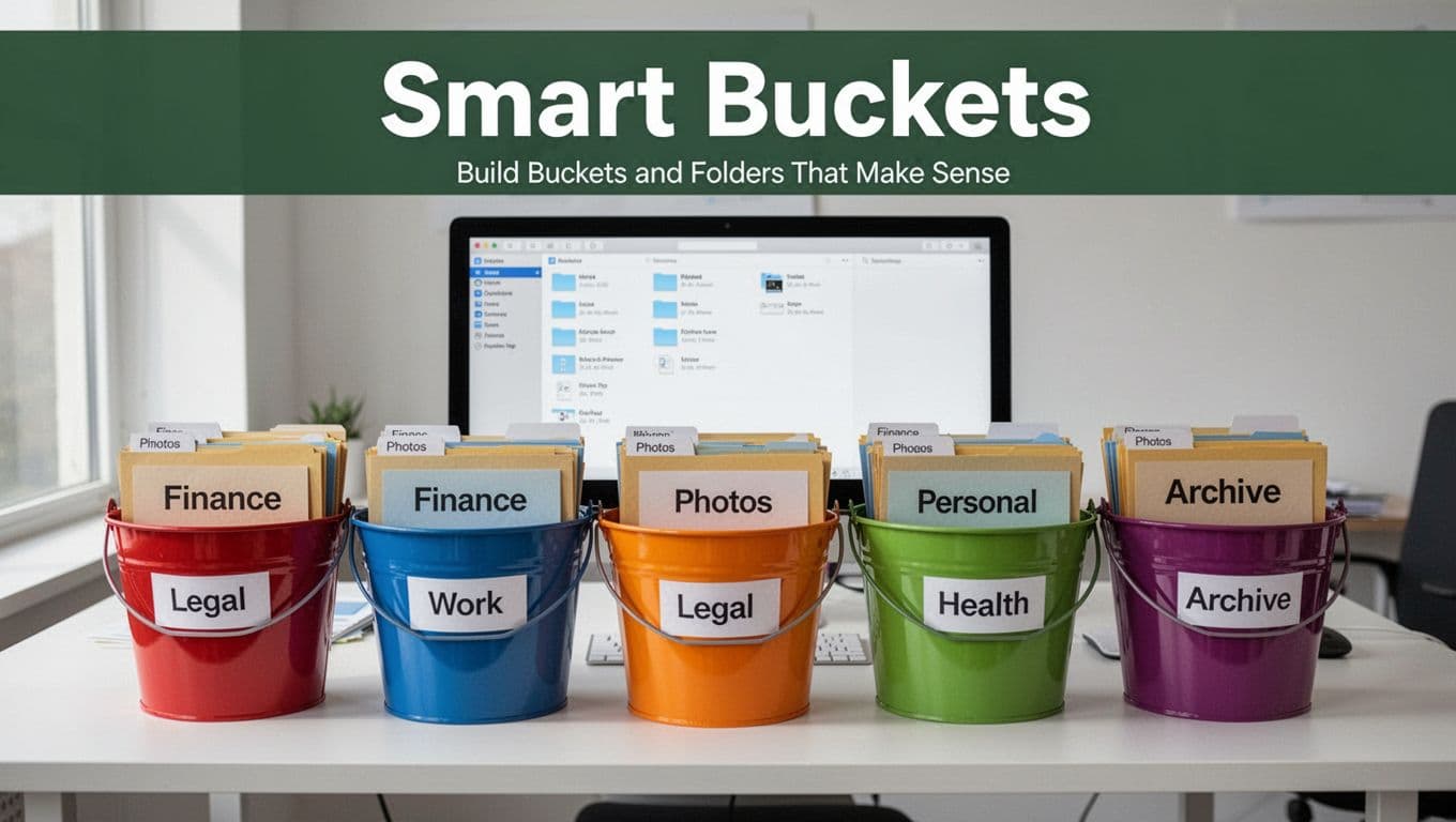 A clean office desk displays six colorful buckets labeled Finance, Photos, Legal, Work, Health, Personal, and Archive, each holding file folders. A computer screen in the background shows the matching digital folder structure, topped with a bold 'Smart Buckets' headline in a dark-green band.