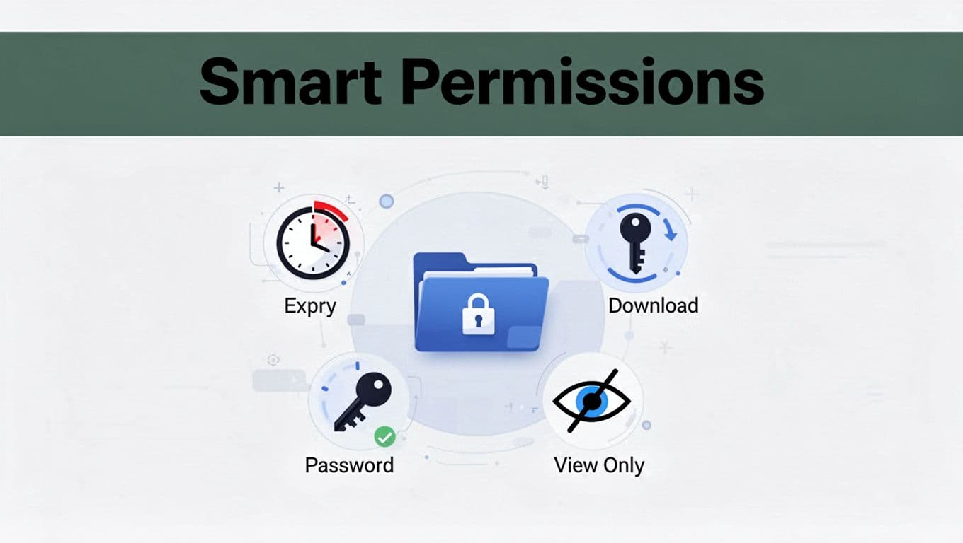 Abstract icons representing smart permissions—timer for expiry, download counter, password key, and view-only eye-slash—arranged around a central secure file folder on a modern digital dashboard background.