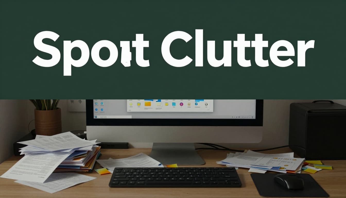 Bold 'Spot Clutter' headline on a muted dark-green band above a realistic cluttered computer desktop with scattered file icons, piled documents, and overflowing Downloads folder in dim lighting.