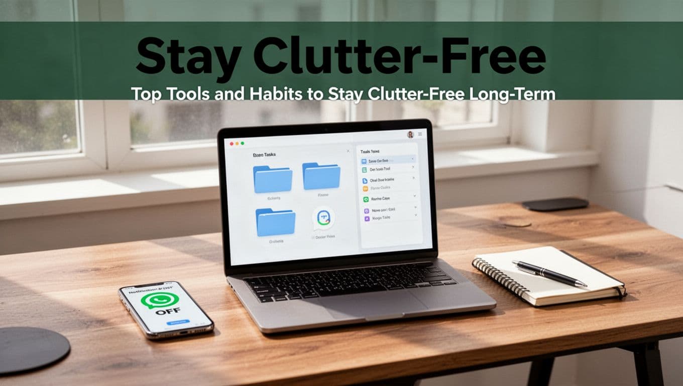 Clean organized digital workspace on a modern wooden desk with a laptop displaying simplified folder icons and task list, smartphone with notifications off, notebook and pen, illuminated by bright natural daylight in bold editorial illustration style.