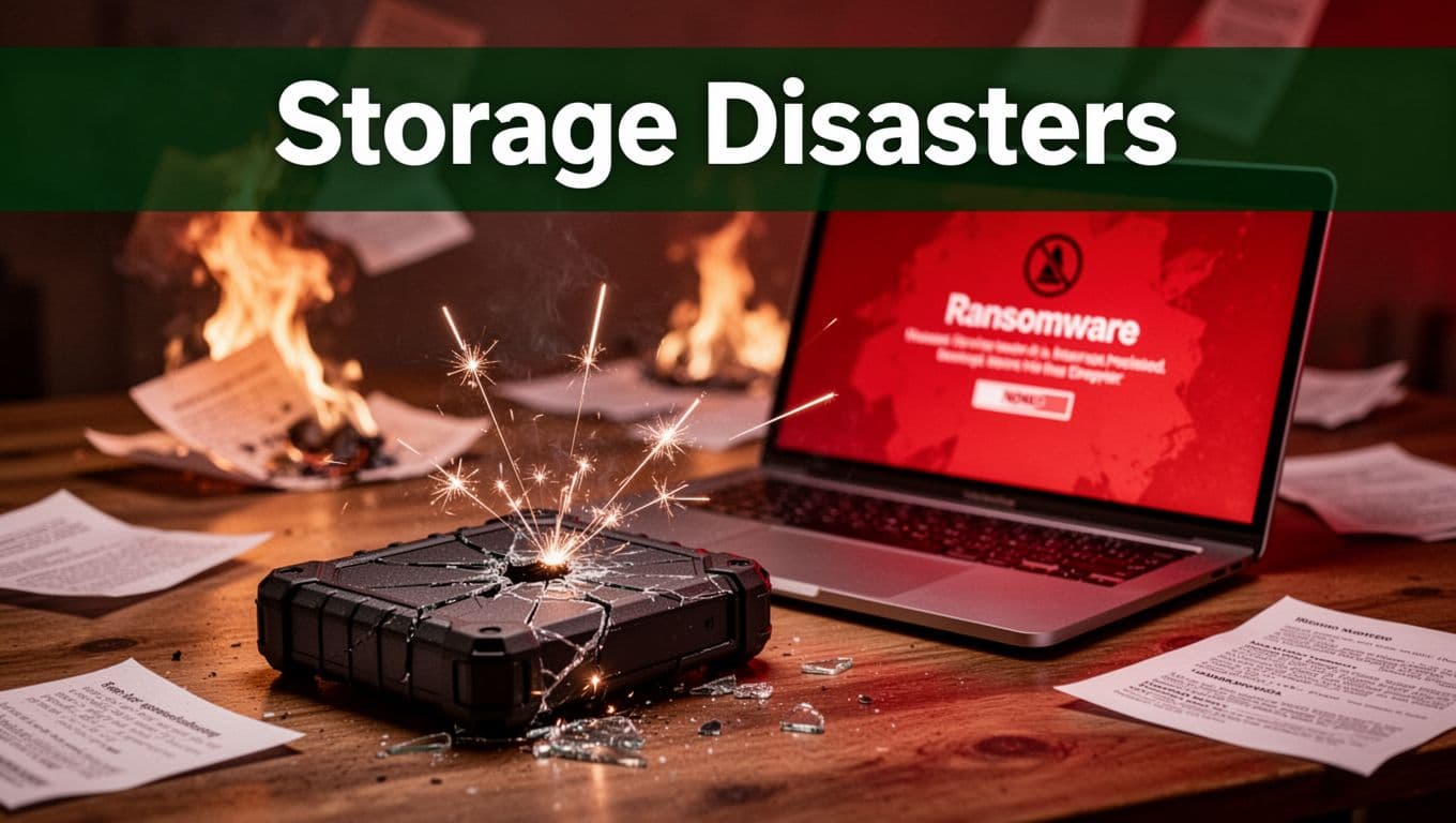 Photorealistic scene showing a cracked, sparking external hard drive next to a laptop with a blurred red ransomware warning, with faint burning paper files in the background.