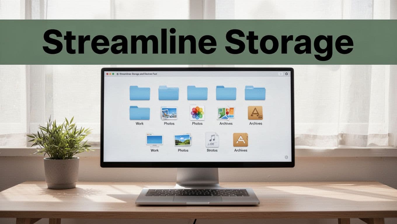 Bold 'Streamline Storage' headline in Montserrat Black font on a muted dark-green band atop a clean computer desktop with neatly organized folder icons in categories like Work, Photos, and Archives. Illustrative digital art of a tidy desk with a single laptop under natural daylight lighting, high-key bright style.
