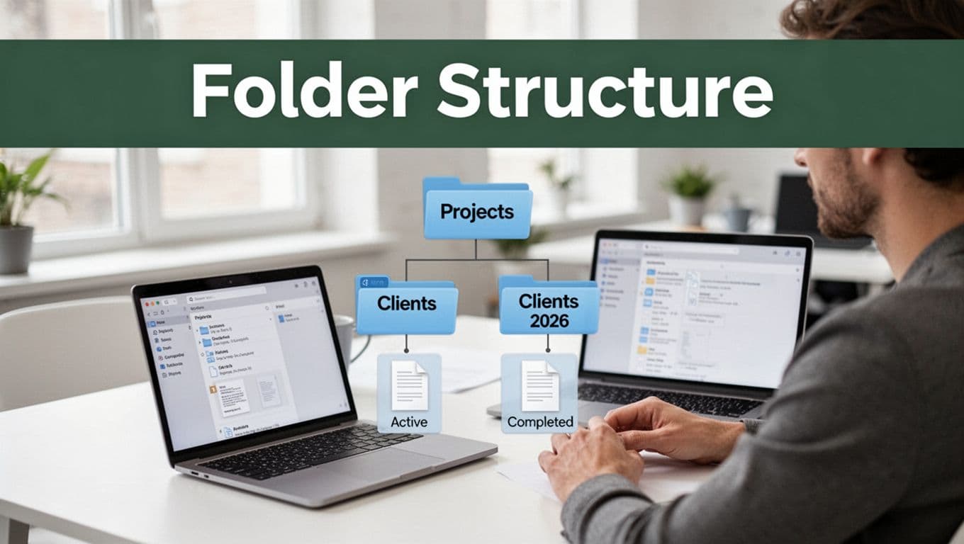 Simple editorial folder structure hierarchy showing Projects, Clients, and 2026 with Active and Completed subfolders, viewed on a laptop in a bright office setting.