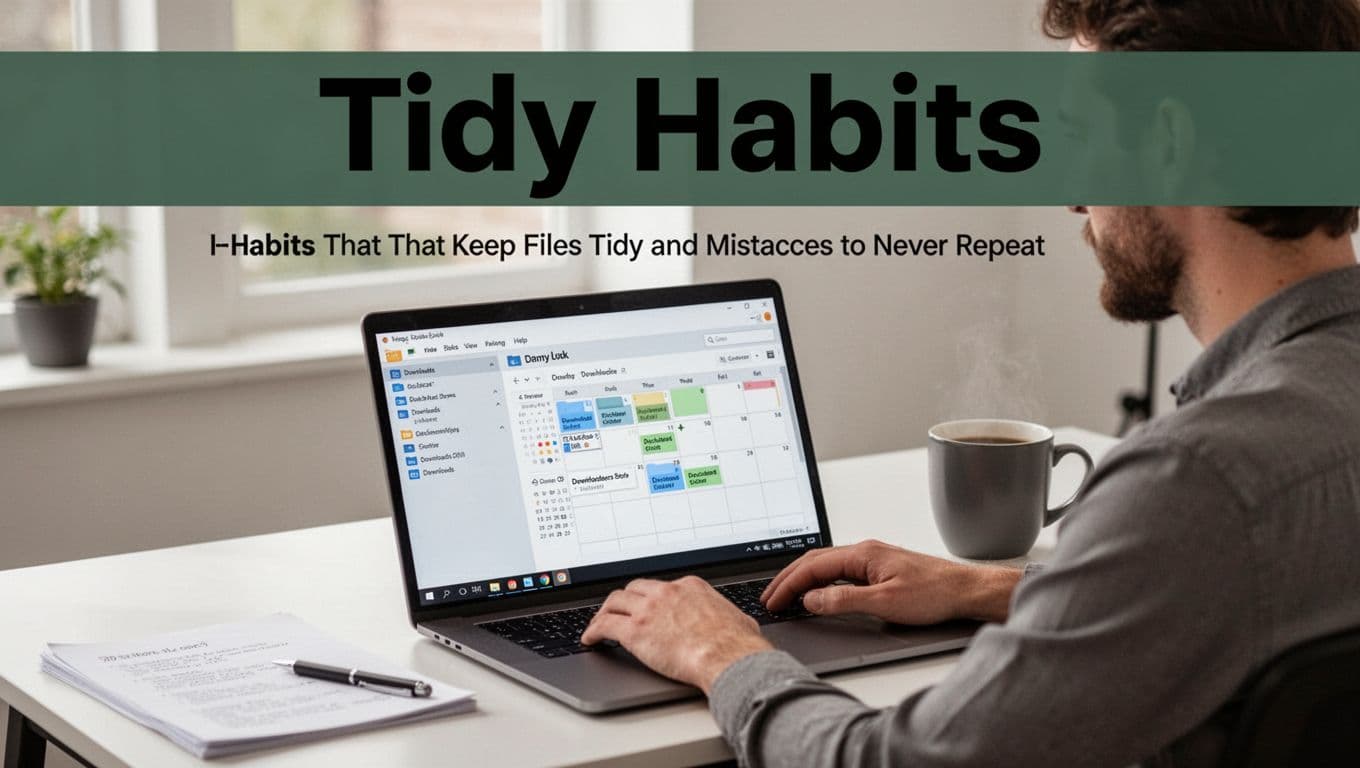 A focused professional at a modern desk uses a laptop to empty the Downloads folder, with a calendar showing declutter slots and a coffee mug nearby, illustrating daily file tidy habits in natural daylight.