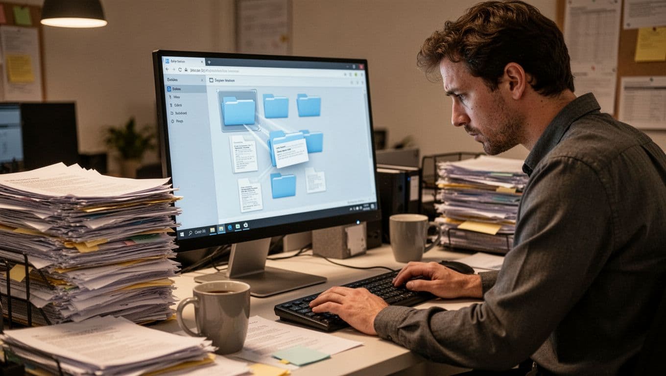 A weary office worker drags file icons across a computer screen into folders, surrounded by piles of paper documents on a cluttered desk with a coffee mug and keyboard, under warm lighting.