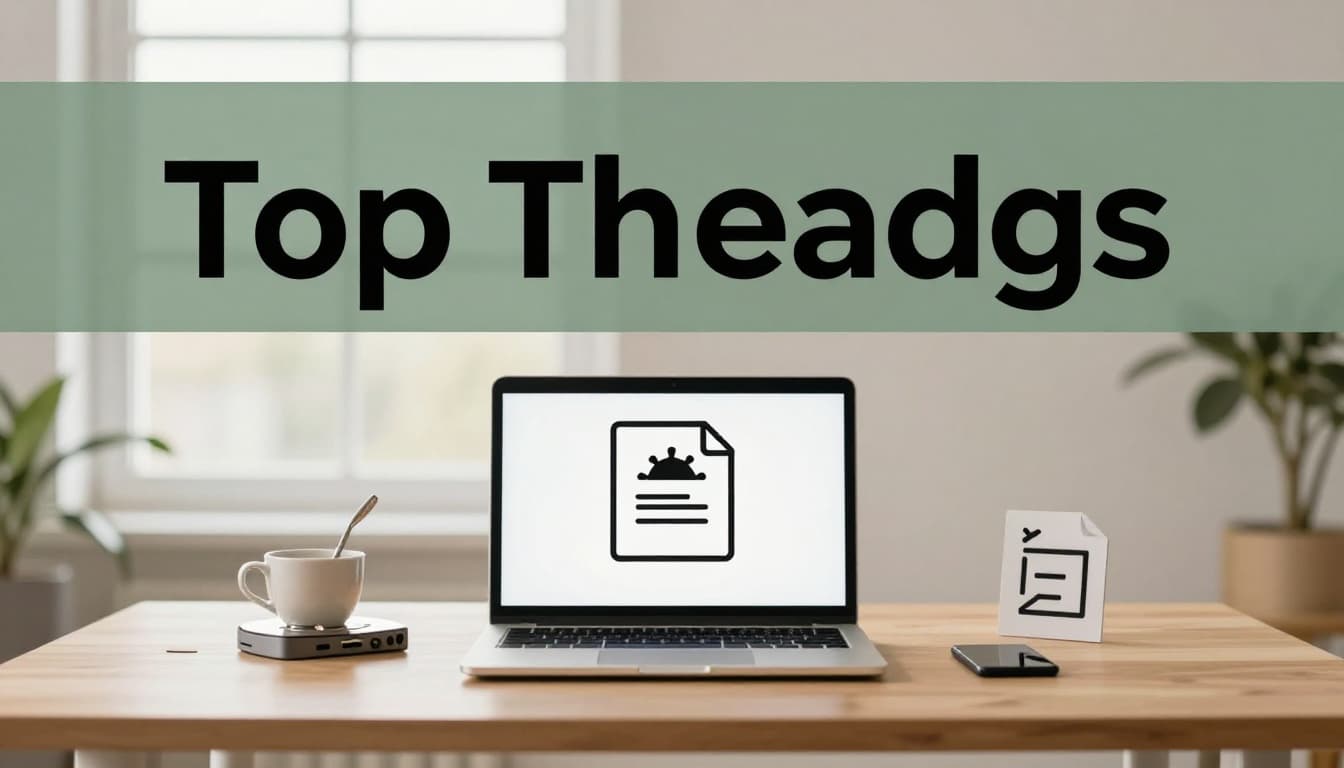 Photorealistic arrangement of digital threats icons like broken hard drive, virus warning, and deleted file on a clean office desk with laptop displaying error, featuring bold 'Top Threats' headline in branded editorial style.