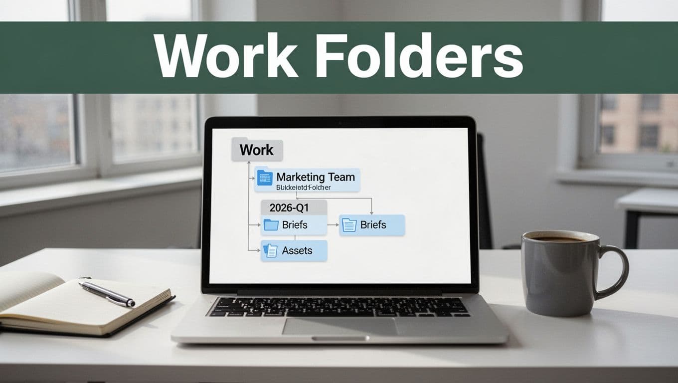 Clean realistic illustration of a laptop screen displaying a simple 3-4 level work folder hierarchy tree under a bold 'Work Folders' headline, on a modern office desk with notebook and coffee mug in natural daylight.